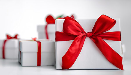 Christmas white gift boxes with red bows, isolated on white backgroundの写真素材