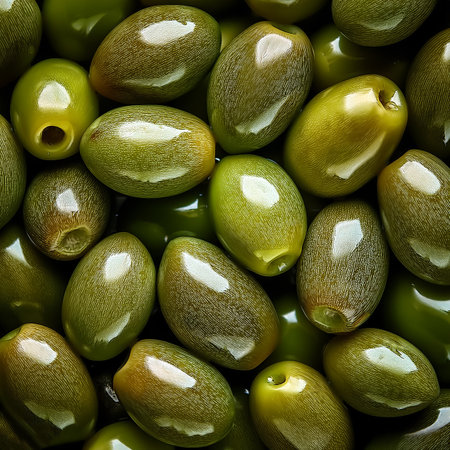 A detailed image of fresh green olives with a glistening texture, top view.の写真素材