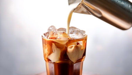 close-up of an iced coffee being mixed with cream