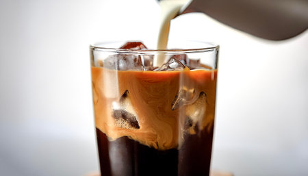 close-up of an iced coffee being mixed with cream