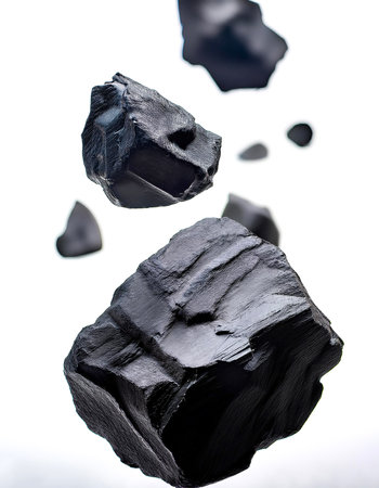 Black coal floating or flying isolated white backgroundの写真素材