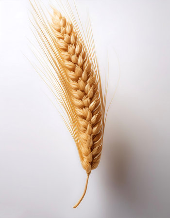 An ear of wheat floating or flying isolated white backgroundの写真素材