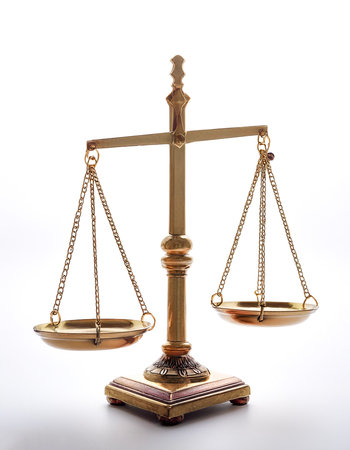 classic scales of justice floating or flying isolated white backgroundの写真素材