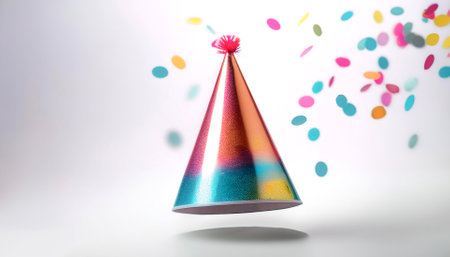 colorfull birthday cap floating or flying isolated white backgroundの写真素材