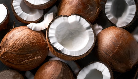 Fresh a pile of close-up Some Coconut half with slice and piece slices texture, pattern background