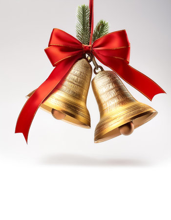 golden bells with red ribbons hanging from them. Christmas celebrations. isolated on white backgroundの写真素材