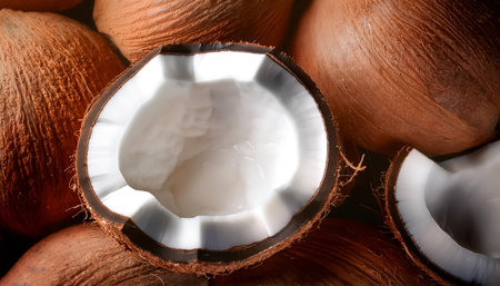 Fresh pile of close-up coconut halves with slices and pieces, showcasing texture and pattern background.の写真素材