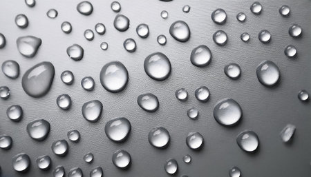 Water drops texture overlay background. Spray, liquid droplets on gray surface, isolated white backgroundの写真素材