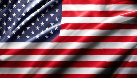 USA Flag waving in the wind. Close up of USA banner blowing, soft and smooth silk. Cloth fabric...
