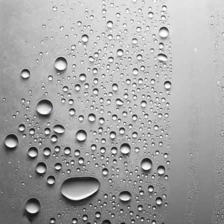 Water drops texture overlay background. Spray, liquid droplets on gray surface, isolated white backgroundの写真素材