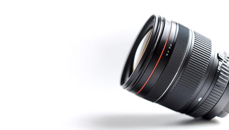 Camera lens on side position provides copy space for text. background concept isolated white
