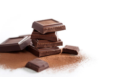 Dark chocolate on side position provides copy space for text. background concept isolated white