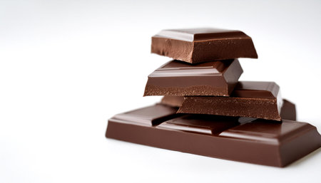 Dark chocolate on side position provides copy space for text. background concept isolated whiteの写真素材
