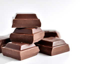 Dark chocolate on side position provides copy space for text. background concept isolated white