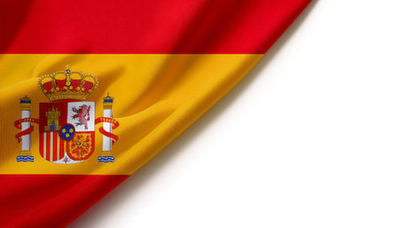 Kingdom of Spain flag waving in the wind. Kingdom of Spain blowing, soft and smooth silkの写真素材