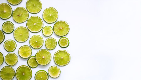 slices lime fruit pattern with side position provides copy space for text. background concept isolated whiteの写真素材