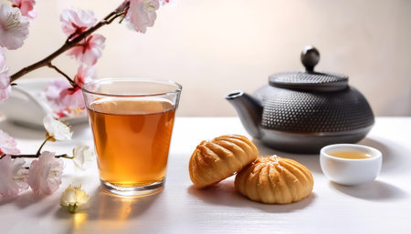 A glass of Chinese tea with pastries on the side, on a white table, with plum blossoms in the backgroundの写真素材