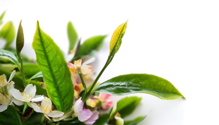 Tea leaves with flowers pattern on side position provides copy space for text. background concept isolated whiteの写真素材