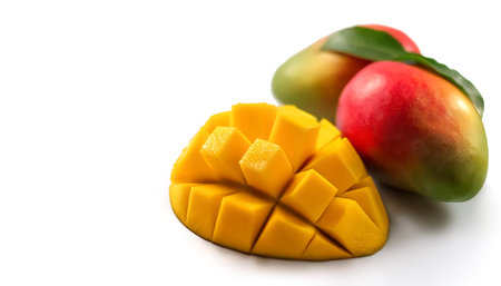 mangoes whole and sliced pattern with side position provides copy space for text. background concept isolated whiteの写真素材