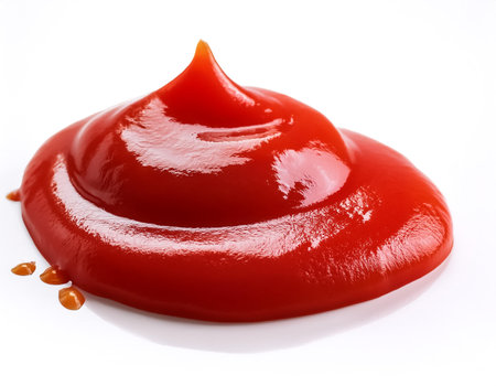 spilled tomato sauce on side position provides copy space for text. background concept isolated whiteの写真素材