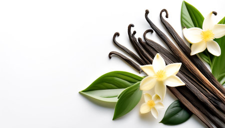 Vanilla pods, green leaves and flowers pattern with side position provides copy space for text. background concept isolated whiteの写真素材