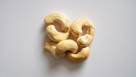 Cashew nuts, isolated against a clean, smooth white backgroundの写真素材