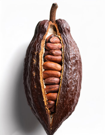 cocoa fruit, isolated against a clean, smooth white backgroundの写真素材