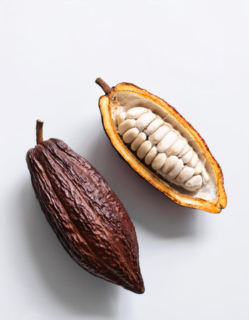 cocoa fruit, isolated against a clean, smooth white backgroundの写真素材