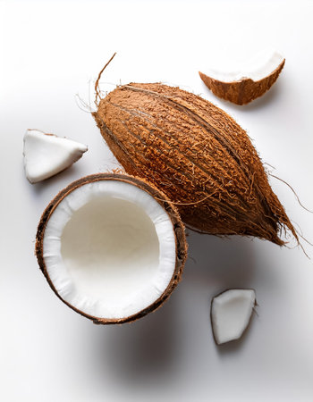 Coconut half with slice and piece, isolated on a clean and smooth white backgroundの写真素材