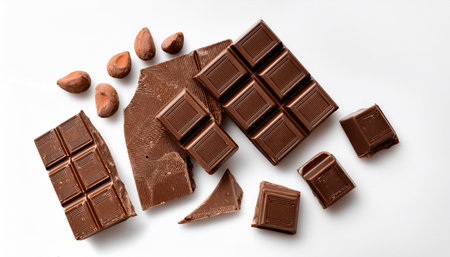 Milk chocolate pieces, isolated on a clean white background