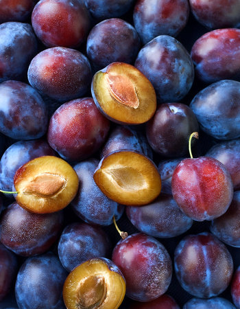 Plum fruit, Creative background design with food theme, focus on the pile of fresh Plum fruitの写真素材