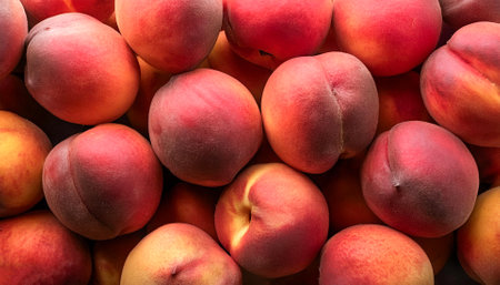 Peach, Creative background design with food theme, focus on the pile of fresh Peachの写真素材