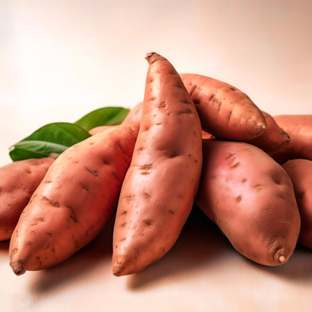 Sweet potato Vegetables, Creative background design with food theme, focus on the pile of fresh Sweet potato Vegetablesの写真素材