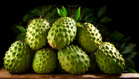 Soursop fruit, Creative background design with food theme, focus on the pile of fresh Soursop fruitの写真素材