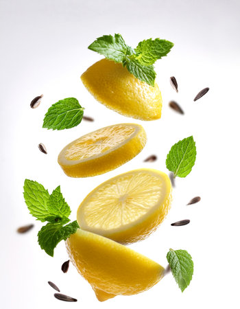 Flying pieces of fresh lemon with mint and seeds isolated on white backgroundの写真素材