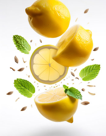 Flying pieces of fresh lemon with mint and seeds isolated on white backgroundの写真素材