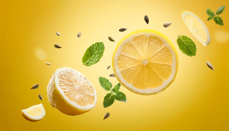 Flying pieces of fresh lemon with mint and seeds isolated on soft light yellow backgroundの写真素材