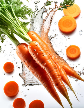 Carrots glisten with splashes of water, surrounded by slicesの写真素材