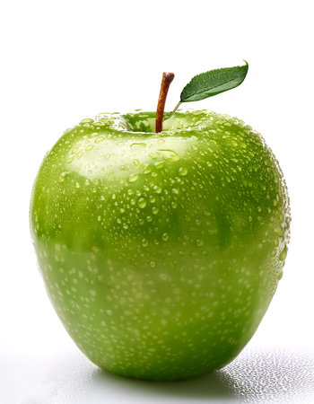 A shiny green apple with water dropletsの写真素材