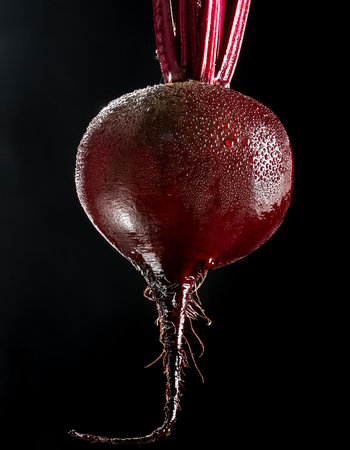 Close-up of fresh beet with water droplets on a solid black background
