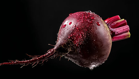 Close-up of fresh beet with water droplets on a solid black backgroundの写真素材