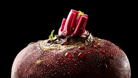 Close-up of fresh beet with water droplets on a solid black backgroundの写真素材