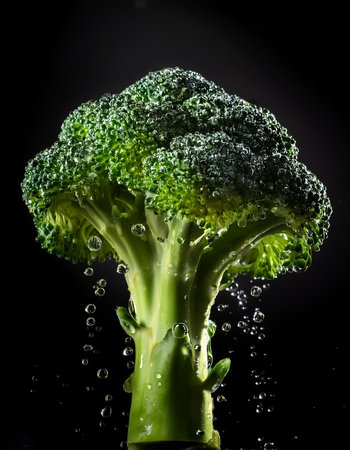 Close-up of fresh broccoli with water droplets on a solid black backgroundの写真素材