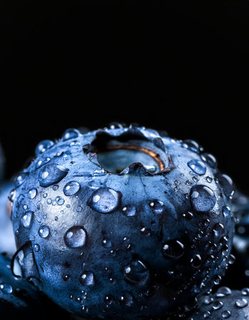 Close-up of fresh blueberry with water droplets on a solid black backgroundの写真素材