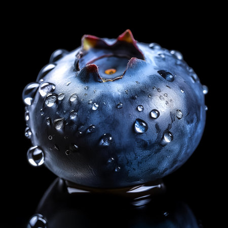 Close-up of fresh blueberry with water droplets on a solid black backgroundの写真素材