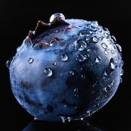 Close-up of fresh blueberry with water droplets on a solid black backgroundの写真素材