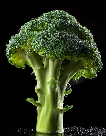 Close-up of fresh broccoli with water droplets on a solid black backgroundの写真素材
