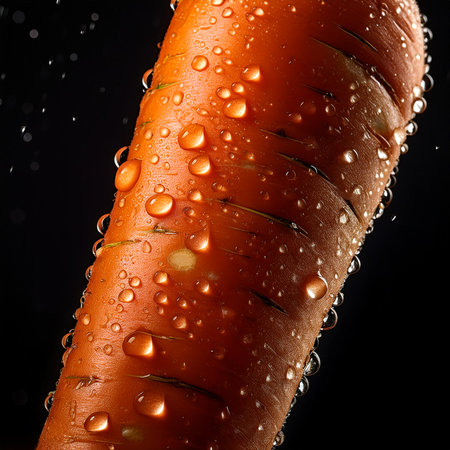 Close-up of fresh carrot with water droplets on a solid black backgroundの写真素材