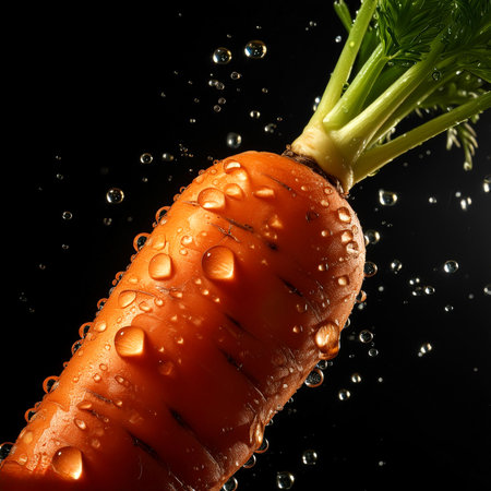 Close-up of fresh carrot with water droplets on a solid black backgroundの写真素材