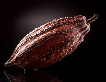 Close-up of fresh cocoa Fruit with bean with water drops on a pitch solid black backgroundの写真素材
